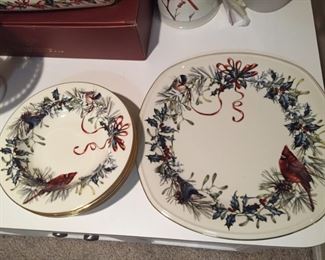 LENOX AMERICAN BY DESIGN WINTER GREETINGS  dinner plates, coffee server, casserole dish, large bowl and platter.