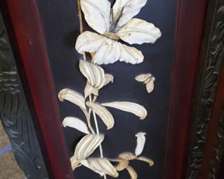 4-panel carved bone fully-modeled floral folding screen