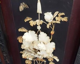 4-panel carved bone fully-modeled floral folding screen