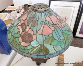 Richard Thorestad Tiffany Poppy-style stained and leaded glass shade on a Pittsburgh Owl bronze base.