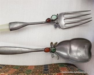 Jade and cabochon stone Chinese serving fork and spoon with fitted case