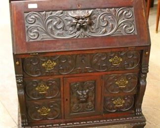  — AWESOME —

ANTIQUE SOLID Mahogany Highly Carved Slant Front Desk with Galley and Carved Griffins and Paw Feet in Original Finish

Auction Estimate $500-$1000 – Located Inside 