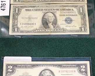 Selection of Silver Certificate $1.00 Bills and Red Seal $2.00 Bill
Auction Estimate $5-$10 each – Located Glassware