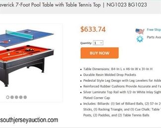  NEW “Blue Wave Products Hathaway Games and Sports” 7’ Foot Pool Table with Table Top Tennis Item #NG 1023 – in box 
Auction Estimate $200-$600 – Located Dock 