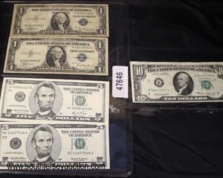  Sheet of (2) $1.00 Silver Certificates and (2) Uncirculated $5.00 Bills and a 1969 $10.00 Bill

Auction Estimate $20-$50 per sheet – Located Glassware 