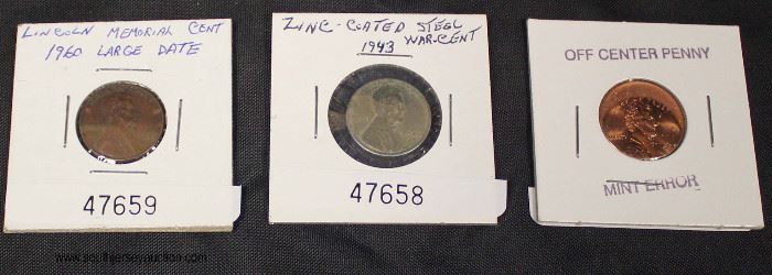  Zinc Coated 1943 Steel War Penny, Off Center Mint Error Lincoln Penny, and Lincoln Memorial 1960 Large Date Penny

Auction Estimate $5-$10 each – Located Glassware 