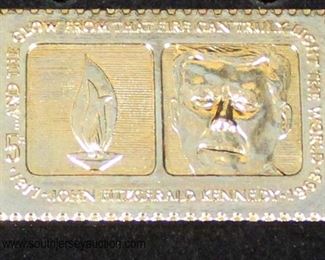  John Fitzgerald Kennedy 1917-1963 and 
The Glow From That Fire Can Truly Light The World Commemorative Stamp (scratch tested 10 Karat Gold)
Auction Estimate $50-$100 – Located Glassware 