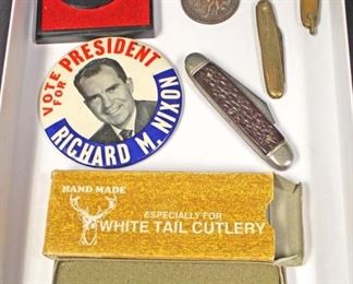  Tray Lot of Pen Knives, Nixon for President Button, Hand Made White Tail Cutlery Knife, George Washington Commemorative Coin, and New Jersey Catholic High School Conference Championship Medal

Auction Estimate $20-$50 – Located Glassware 