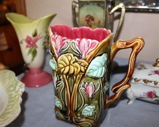 c1890 Majolica pitcher "Cyclamens"