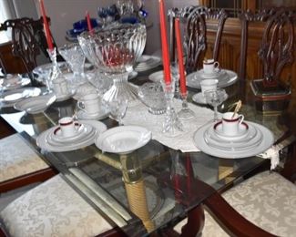 Dining Room Table, Chairs, Simplicity China, Crystal, Punch Bowl, Stemware, Candle Holders