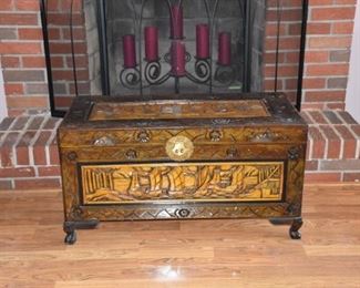 Carved Wood Chest with Legs, Fireplace Screen, Fireplace Candles