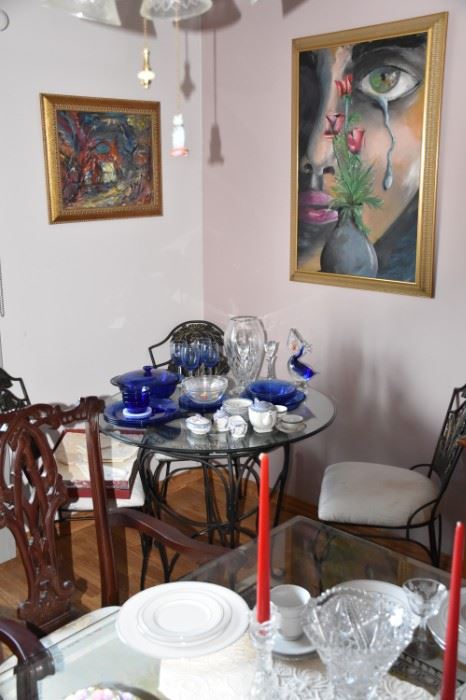 Modern Glass Top Table, Cobalt Blue Dishes, Great Signed Framed Modern Art, Child's Tea Set, 