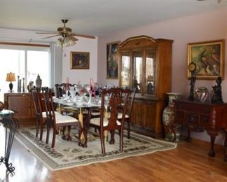 Overview Dining Room Mid-C Style Buffet, Wood China Cabinet, Glass Top Dining Table & Wood Chairs, Tall Asian Vase, Lamp, Modern Candle Sticks, Signed Art, Clock, Rosewood Buffet