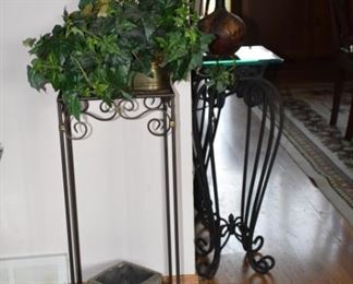 Plant or Decorator Stands & Accent Tables with Beveled Glass Tops & Mid-C Style Buffet