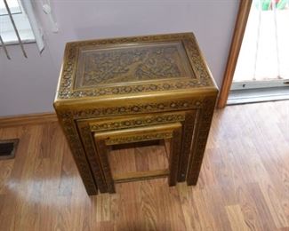 Carved Nesting Table with Glass Tops