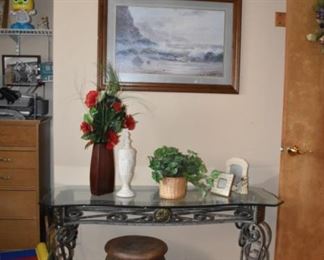 Glass Top Table with Metal Base, Elephant Carved Stools, Art Vases, Framed Ocean Scene