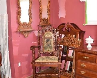 Wood Carved Wall - Foyer Mirrors with Shelf, Federal Style Wall Mirrors, Ornate Captains Chair