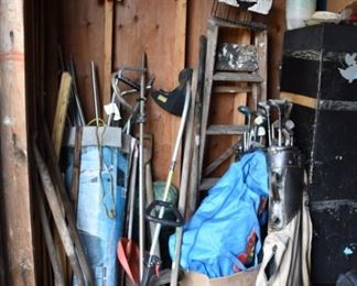 Hand Yard Tools, Ladder, Hand Tools, Golf Clubs, Pump for Bounce House, Weed Wackers, Axe, Hoes, Rakes, Sprinkler, Items in Shed