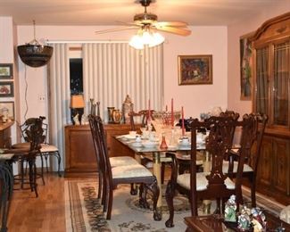 Dining Room Area, Overview Dining Room Mid-C Style Buffet, Wood China Cabinet, Glass Top Dining Table & Wood Chairs, Tall Asian Vase, Lamp, Modern Candle Sticks, Signed Art, Clock, Rosewood Buffet