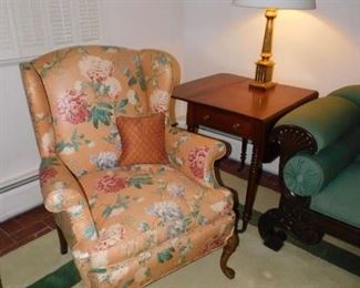 Wing chair, drop leaf table, brass lamp