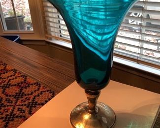 Gorham turquoise crystal and sterling silver silver vase
