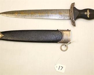 Lot 17: WWII German SS 1936 presentation dagger with leather cover scabbard makers mark P.D. Luneschloss, Solingen, damascus blade – right markings – extremely rare – authenticity unverified – looks good – must inspect