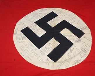 Lot 116: German Large Fringed Wall or Podium Banner Signed by Members of 325 Engineer Bn. 100th Division June 1, 1945 with 4 Snap Hook Mounting approximately 53”x50”
