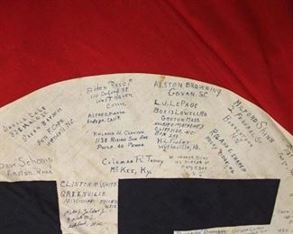 Lot 116: German Large Fringed Wall or Podium Banner Signed by Members of 325 Engineer Bn. 100th Division June 1, 1945 with 4 Snap Hook Mounting approximately 53”x50”