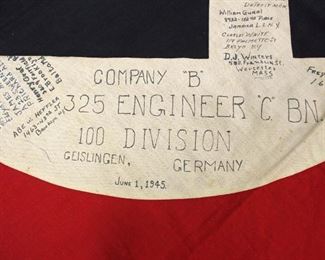 Lot 116: German Large Fringed Wall or Podium Banner Signed by Members of 325 Engineer Bn. 100th Division June 1, 1945 with 4 Snap Hook Mounting approximately 53”x50”