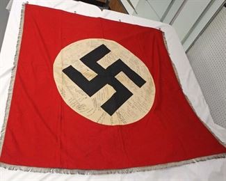 Lot 116: German Large Fringed Wall or Podium Banner Signed by Members of 325 Engineer Bn. 100th Division June 1, 1945 with 4 Snap Hook Mounting approximately 53”x50”