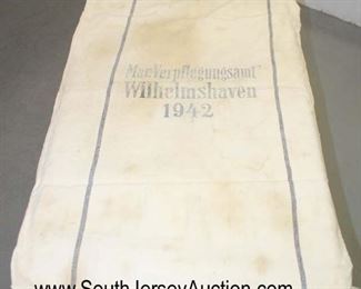 Lot 133: German Naval Duffle Bag, Mar. Verpflegungsamt Wilhelmshaven 1942, light staining approximately 27”x41”