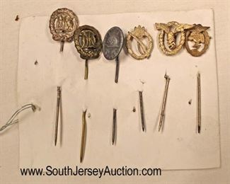 Lot 142: 6pc lot: German Stick Pins including Luftwaffe, 2 Sports, Wound Badge, Luftwaffe Pilot, and Combat