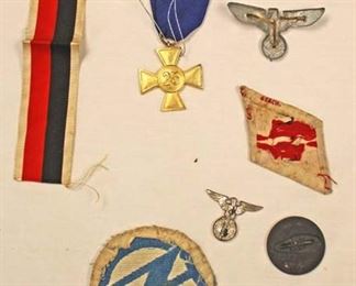 Lot 143: 7pc lot: German Badges, Pins and Medals including 25 Year Long Service Army Medal, German Visor Cap Eagle, Day Badge 1937, Political Cap Badge, Badge Ribbon, SA Patch, Hitler Youth Patch