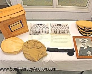 Lot 149: Lot of Personal Effects of Veteran of WWII, Korea, and Vietnam John D. McIntosh including WWII USN Officers Visor Cap, Photo of John D. McIntosh, 2 Military Photos, Front Band, and 2 Extra Hat Covers in the Original Shipping Box