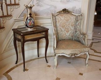 Pair vitrine tables & antique bergere chairs 