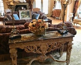 La Barge marble top carved console table
