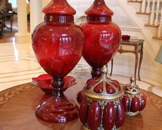 Pair ruby red glass apothecary jars 