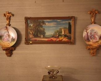 Pair hand painted chargers & gilt wood wall brackets