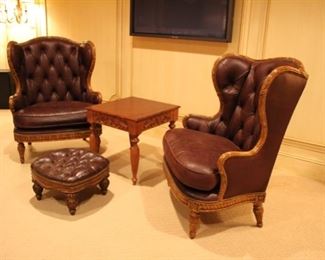 Pair Maitland Smith tufted back wing chairs