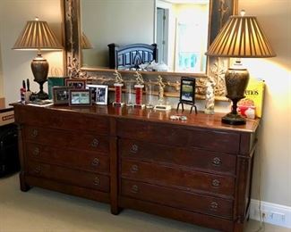 Large double dresser with mirror & pair Maitland Smith lamps