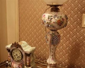 Hand painted porcelain clock & Dresden Carl Thieme Hans decorated porcelain oil lamp (converted)