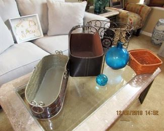 glass, marble, and metal coffee table and has 2 matching lamp tables, quite an impressive modern set. 