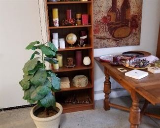 Vintage Oak Table , Vintage Batik Wall Hanging, Candles & Collectibles