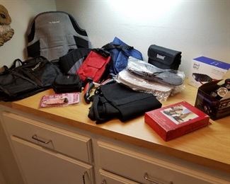 Back Brace, Travel Bags, Bushnell  Binoculars, Halo Bolt Portable Charger, High Power Headlamp, Ice Traction Slip-Ons & Fireplace Wood Carrier