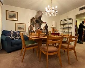 Wakefield buffet and dining set with 8 chairs. Ethan Allen chair. British prints. Mounted turkey