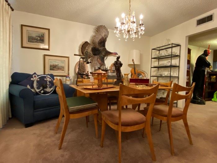 Wakefield buffet and dining set with 8 chairs. Ethan Allen chair. British prints. Mounted turkey