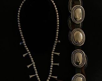 Sterling squash blossom necklace. Sterling concho belt