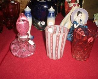 St.Clair art glass perfume bottle, Latticino art glass tumbler. Rubina thumbprint tumbler