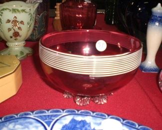 cranberry glass bowl with white threading