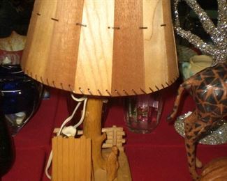 folk art wooden lamp and shade